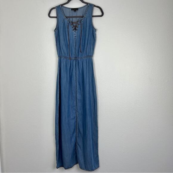 Vintage | y2k Cottagecore Fairy Boho Witch Blue Jean Tencel Tie Up Maxi Dress 2 - Picture 4 of 9